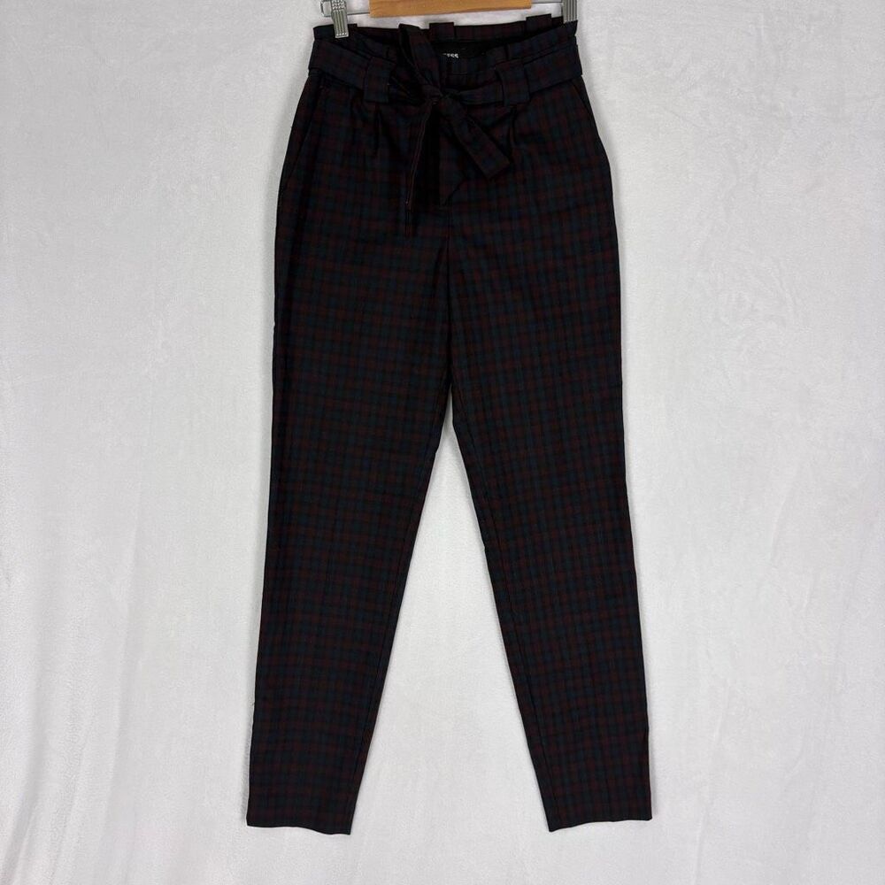 Express Maroon & Blue Plaid Ankle High Rise Dress Pants Size 2 Long